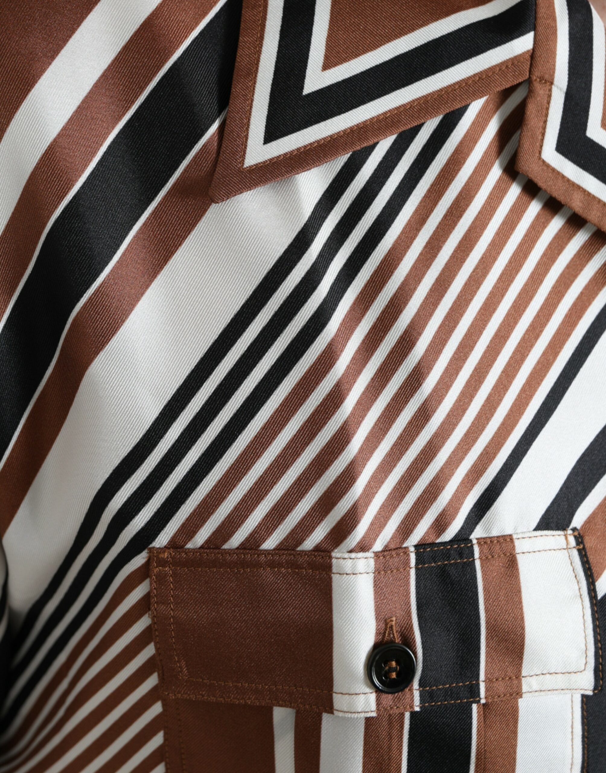 Dolce & Gabbana Brown White Silk Striped Short Sleeve Men's Shirt