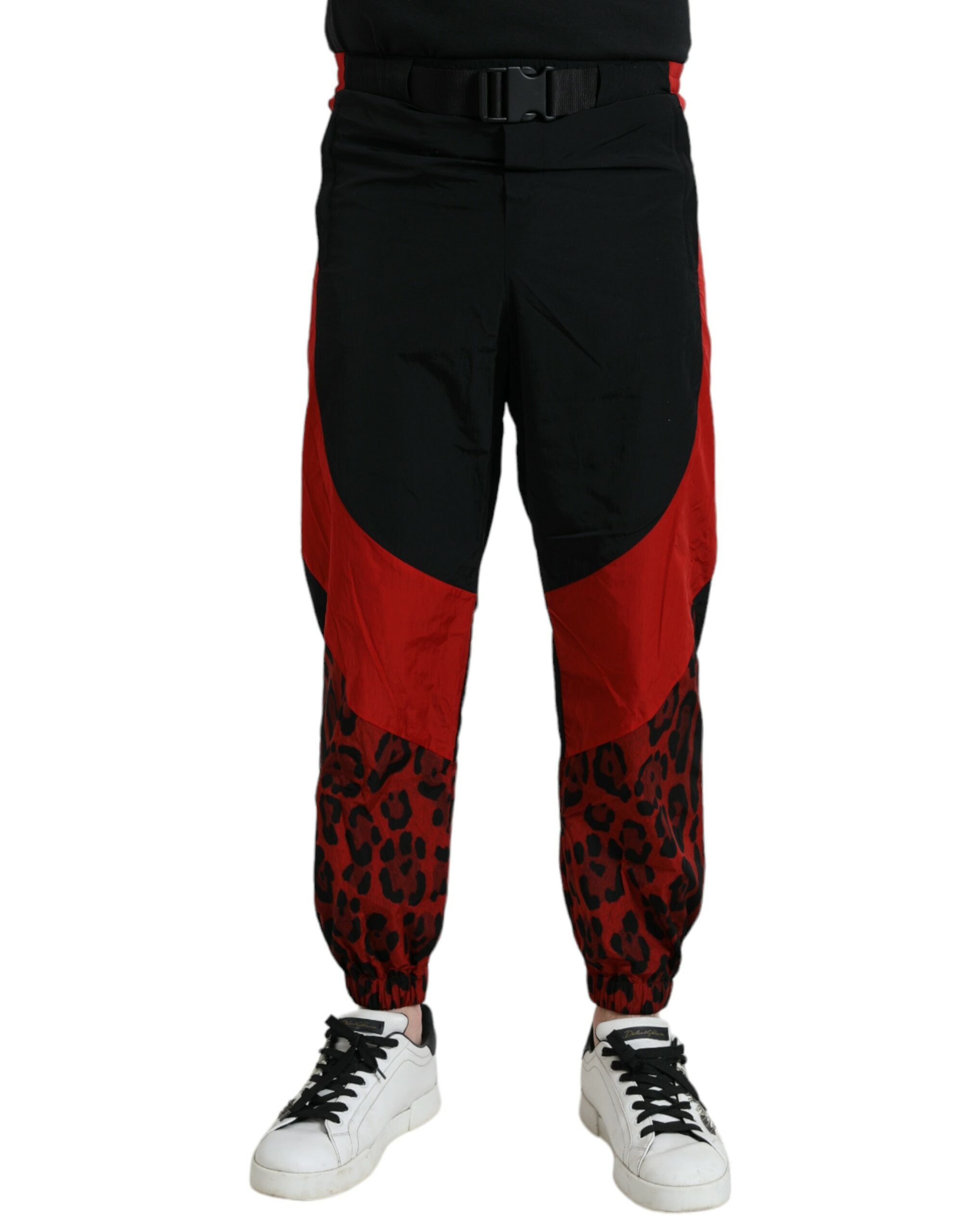 Dolce & Gabbana Black Red Leopard Print Nylon Jogger Men's Pants