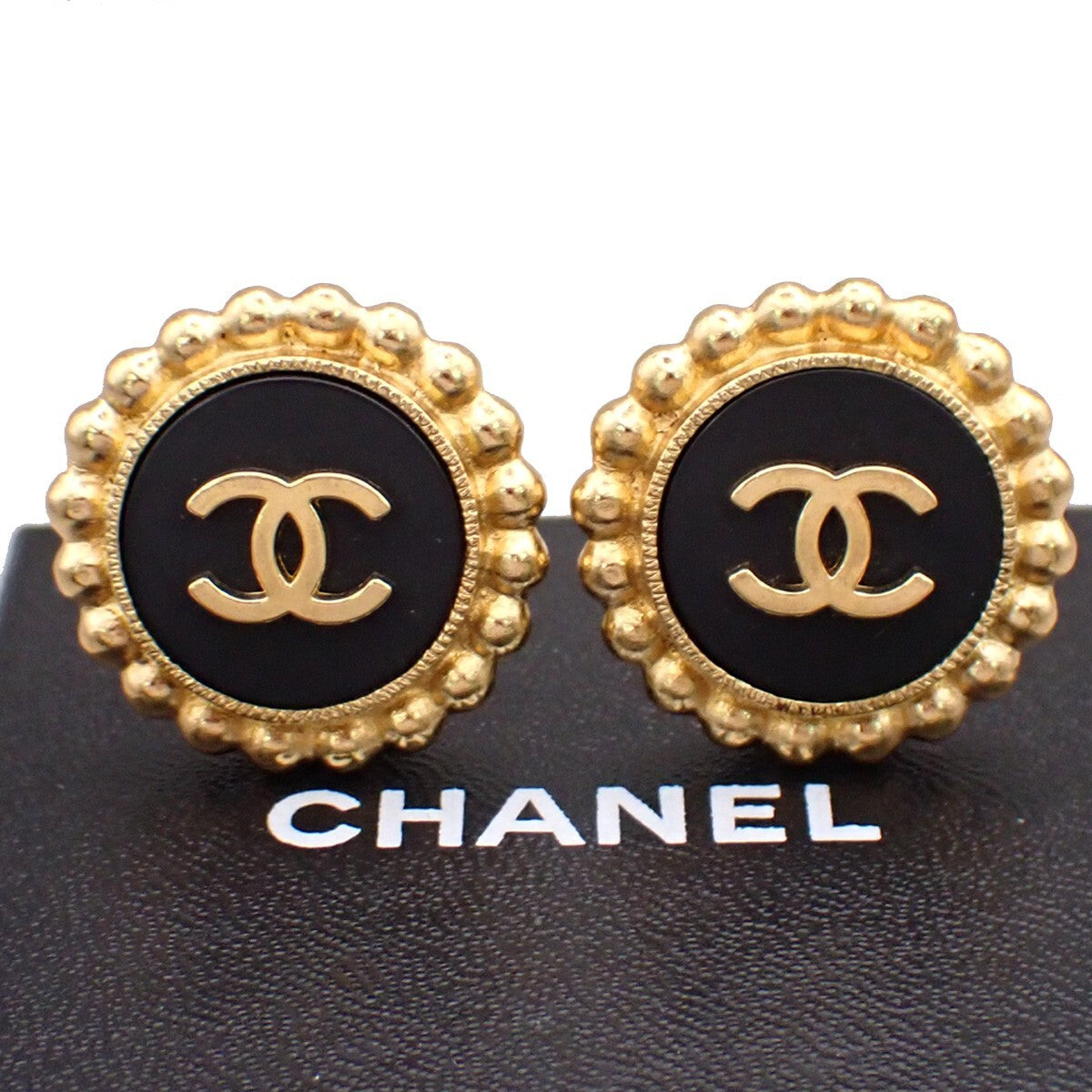 Chanel Cc Round Metal Black Gold_Plated Earrings Jewelry (Pre-Owned)