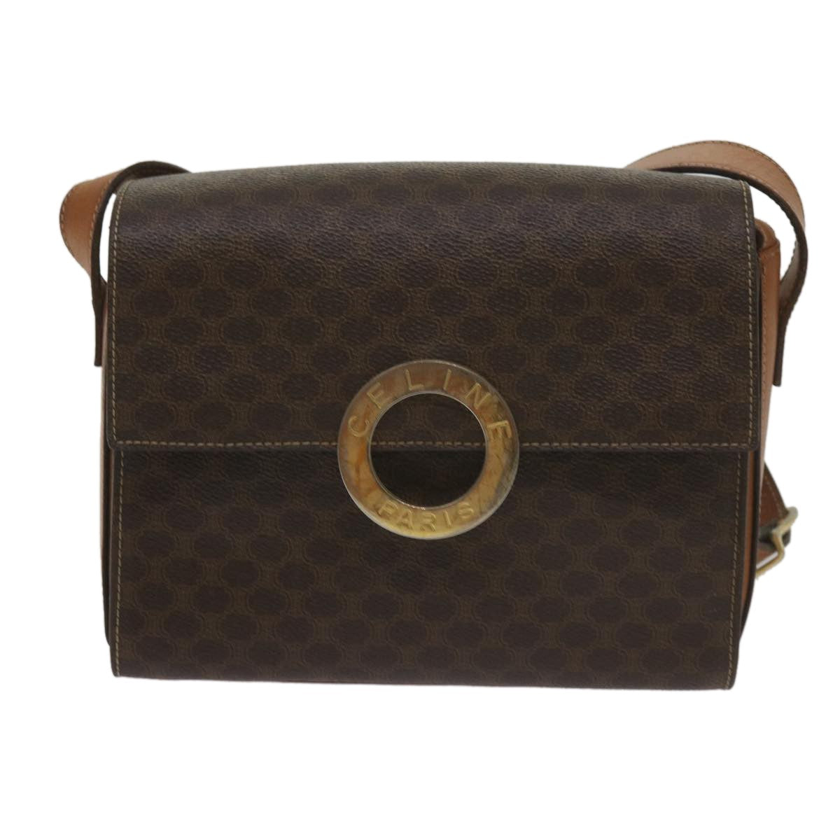 Celine Vintage Macadam Circle Logo Canvas And Leather Brown Canvas Shoulder Bag Bag (Pre-Owned)