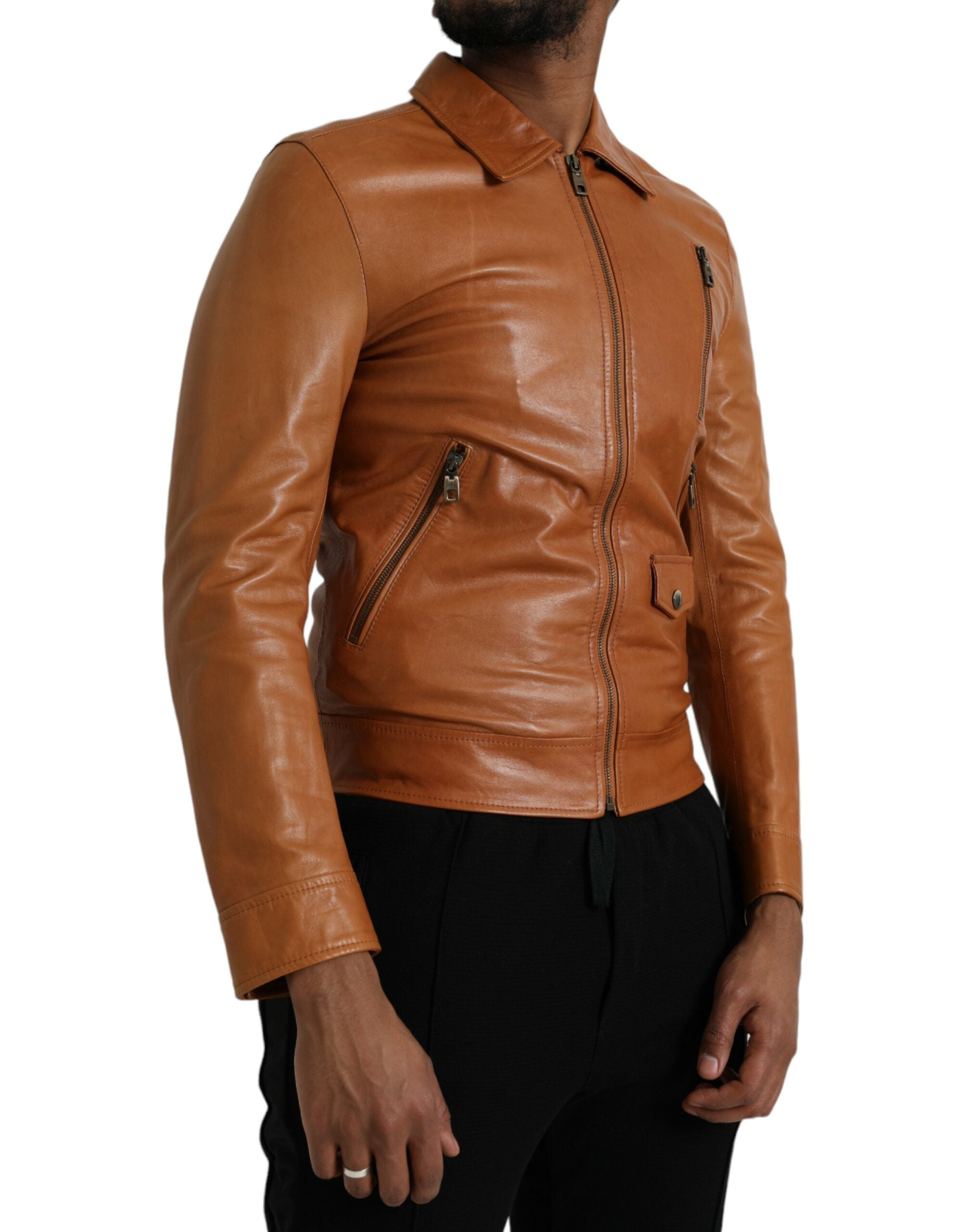 Dolce & Gabbana Brown Lamb Leather Full Zip Blouson Men's Jacket
