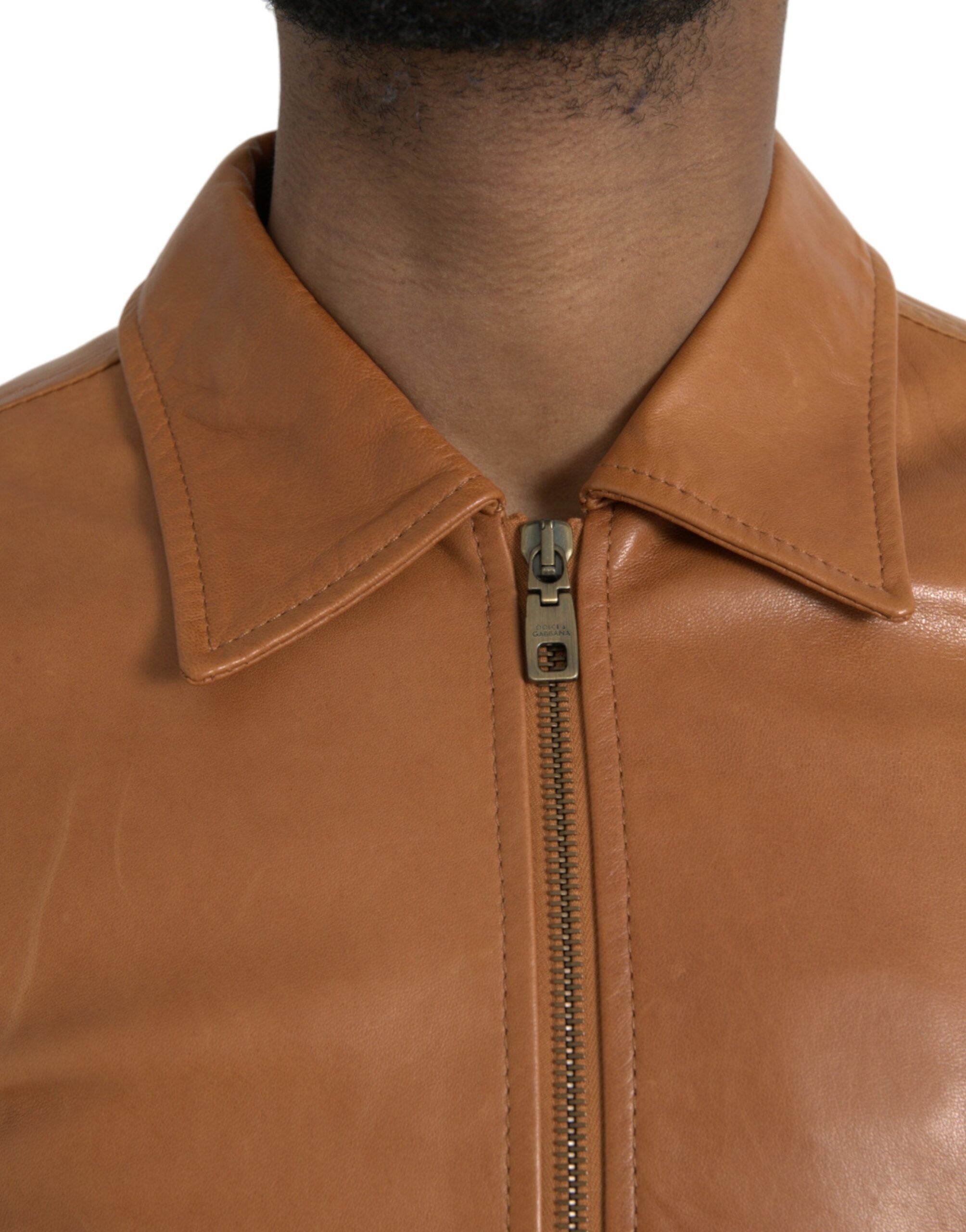 Dolce & Gabbana Brown Lamb Leather Full Zip Blouson Men's Jacket