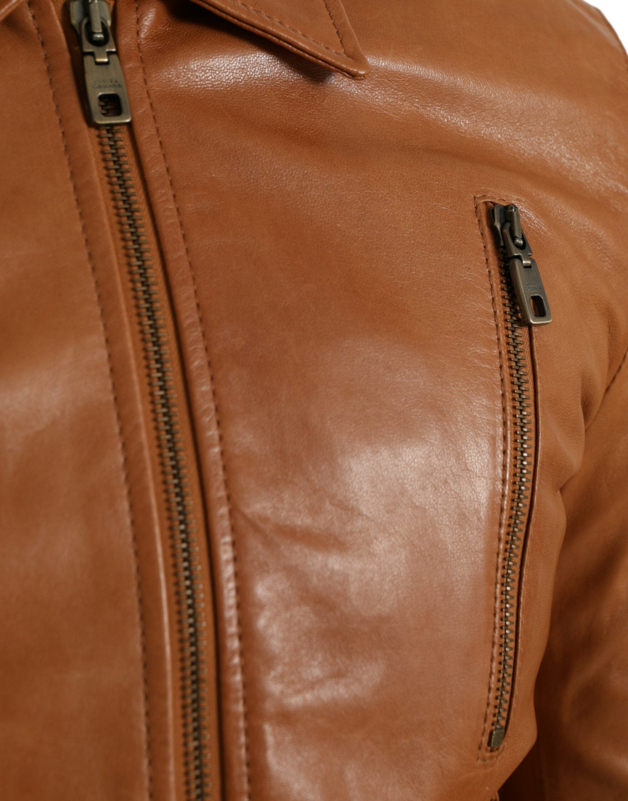 Dolce & Gabbana Brown Lamb Leather Full Zip Blouson Men's Jacket