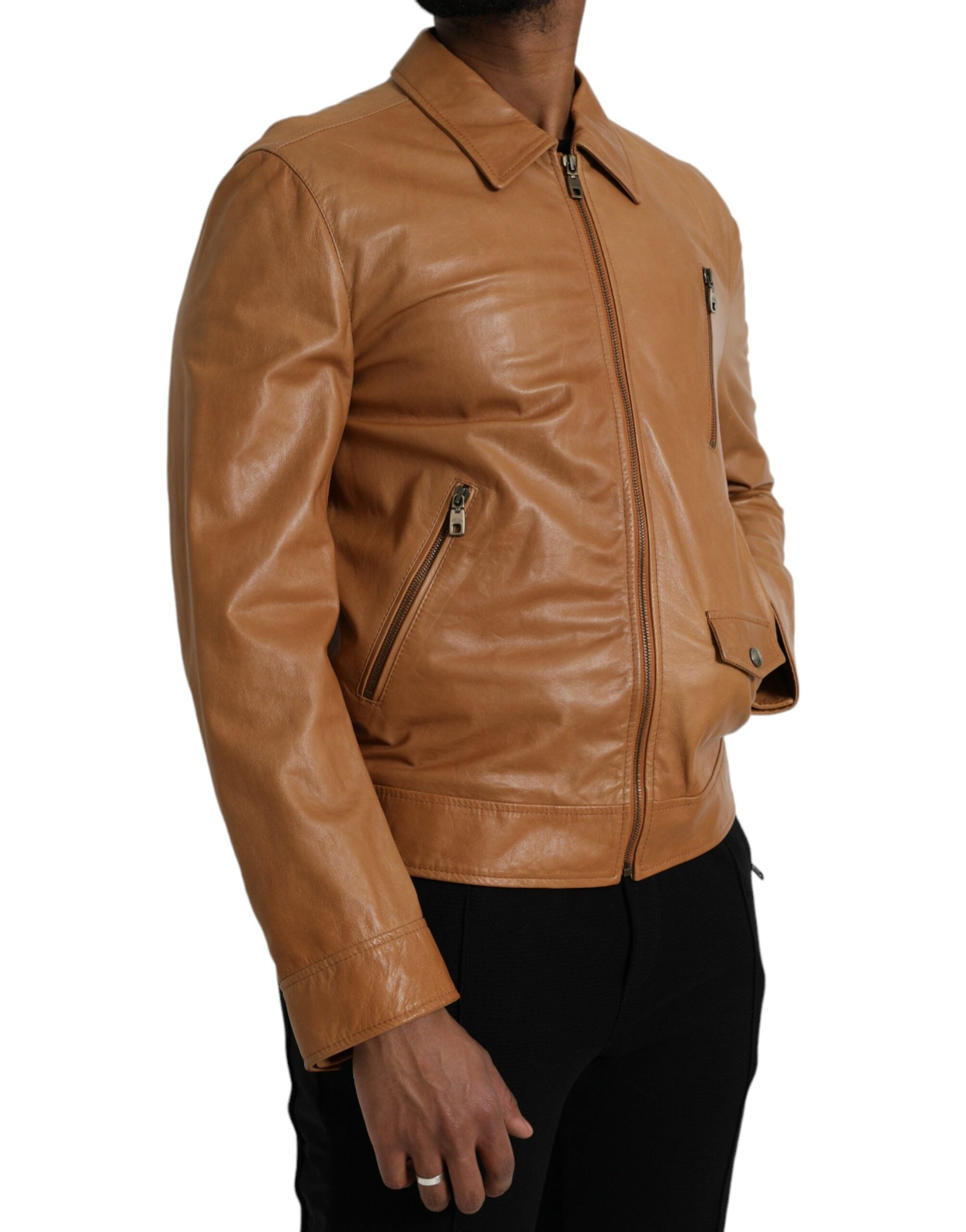 Dolce & Gabbana Brown Lamb Leather Full Zip Blouson Men's Jacket
