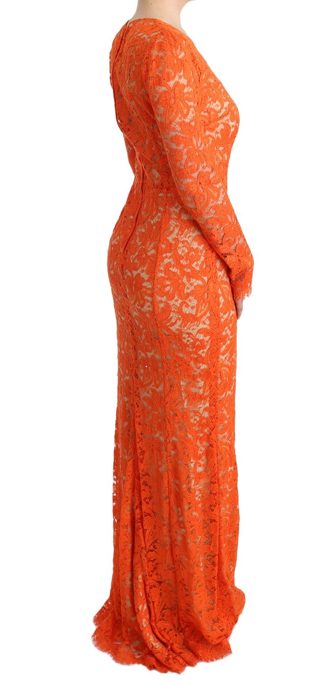 Dolce & Gabbana Orange Floral Ricamo Sheath Long Women's Dress