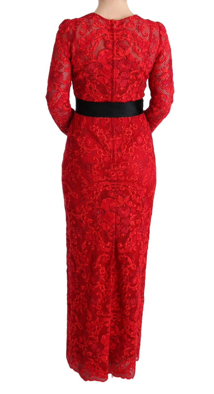 Dolce & Gabbana Red Floral Ricamo Sheath Long Women's Dress