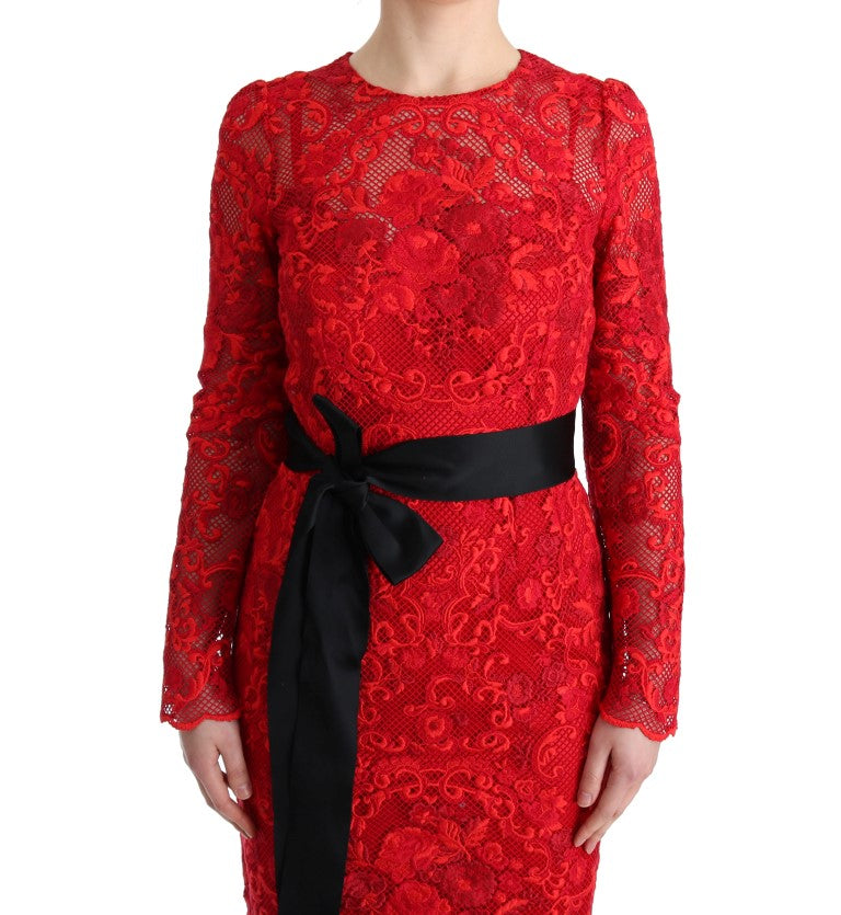 Dolce & Gabbana Red Floral Ricamo Sheath Long Women's Dress