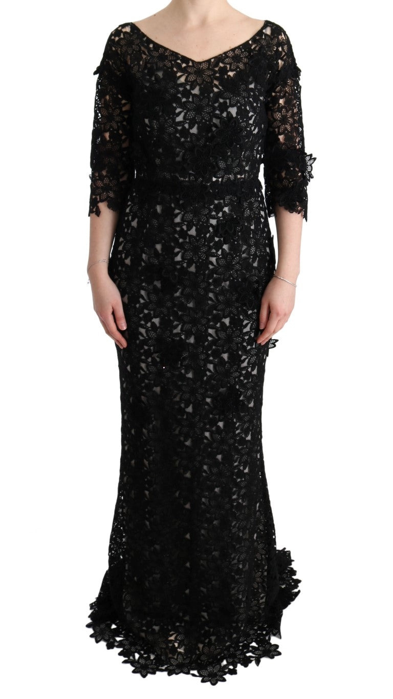 Dolce & Gabbana Black Cotton Silk Floral Long Women's Dress