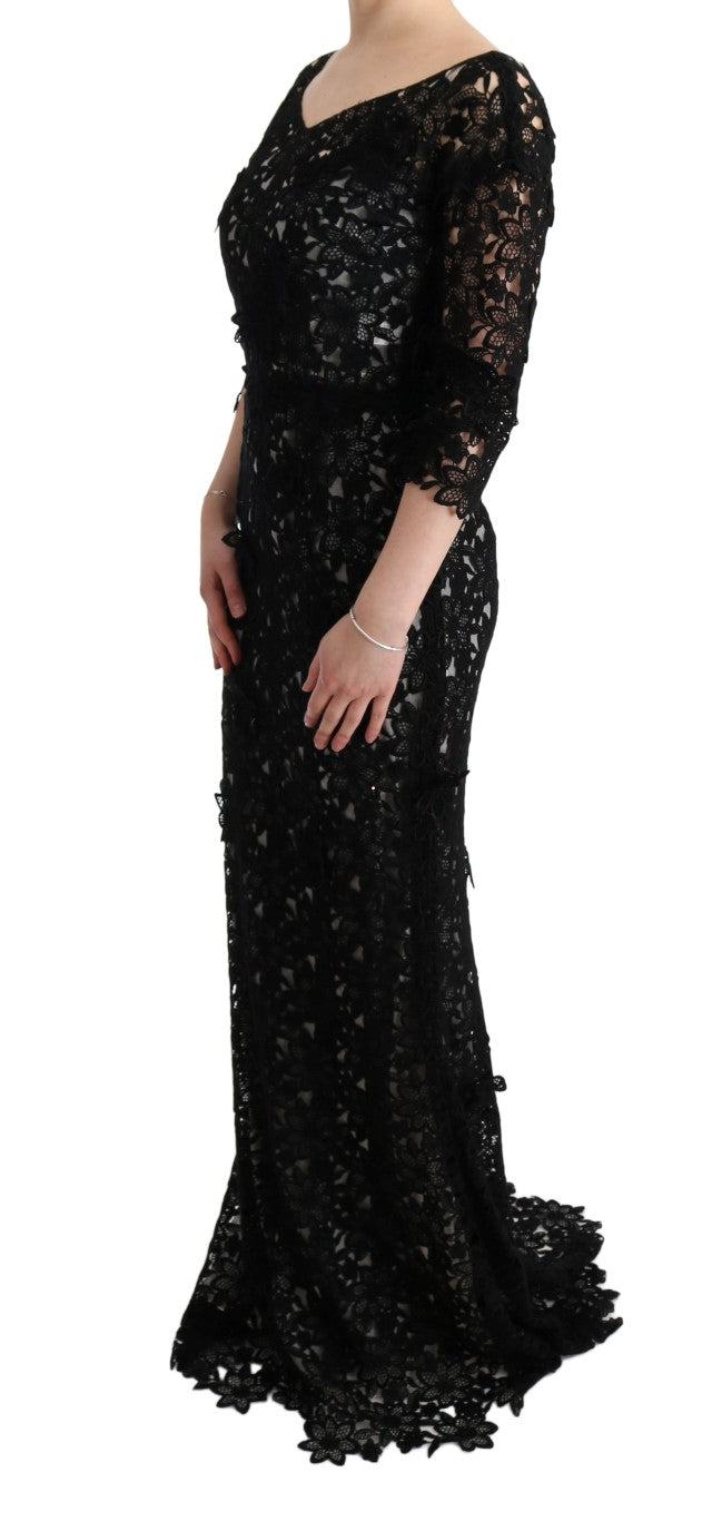 Dolce & Gabbana Black Cotton Silk Floral Long Women's Dress