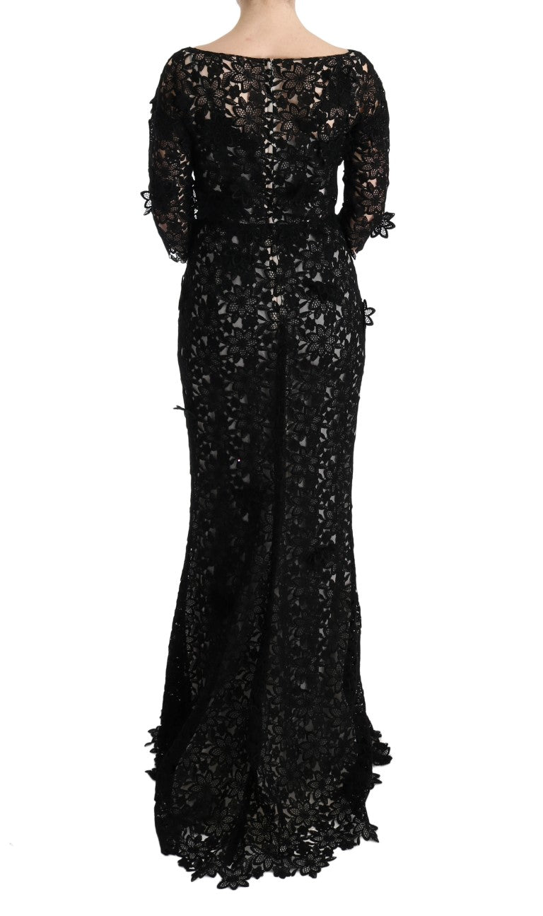Dolce & Gabbana Black Cotton Silk Floral Long Women's Dress