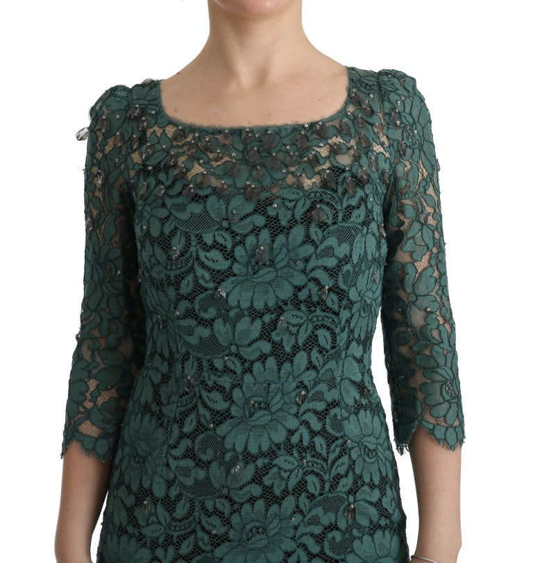 Dolce & Gabbana Green Floral Crystal Ricamo Sheath Women's Dress