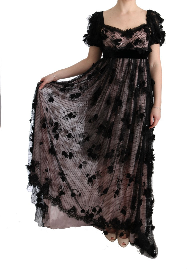 Dolce & Gabbana Black Pink Silk Applique Shift Women's Dress