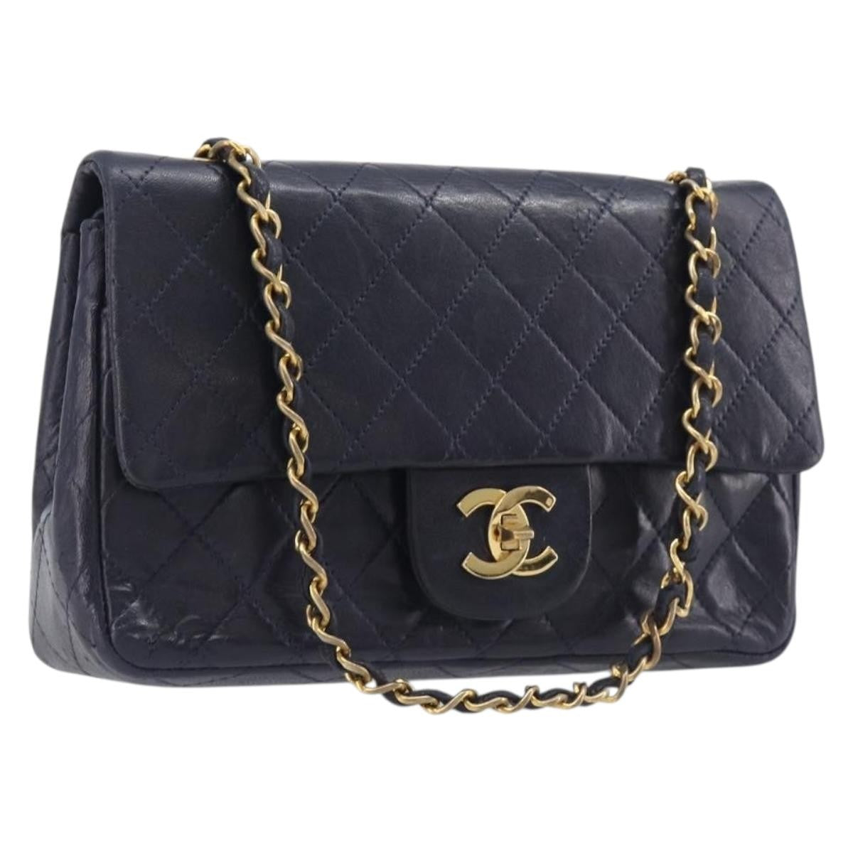 Chanel Timeless - Classic Double Flap Quilted Lambskin Navy Leather Handbag (Pre-Owned)