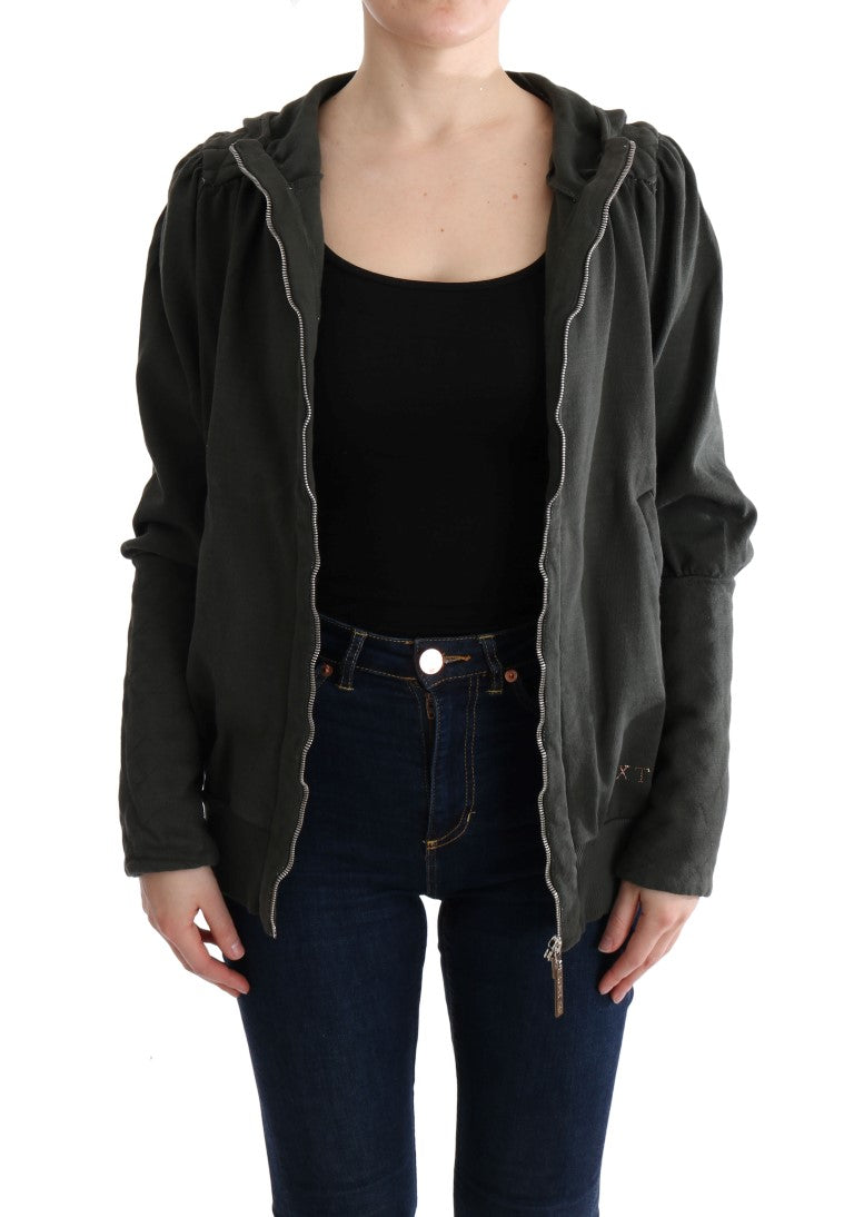 Exte Gray Top Hooded Cotton Zipper Women's Sweater