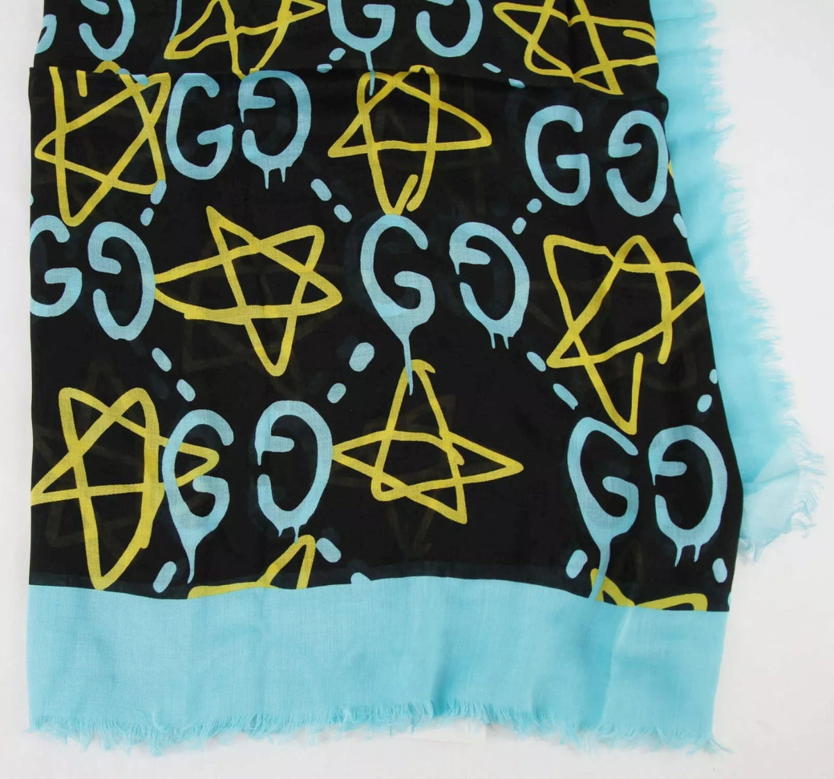 Gucci Ghost Black Blue GG Star Modal Silk Large Scarf Shawl w/Box