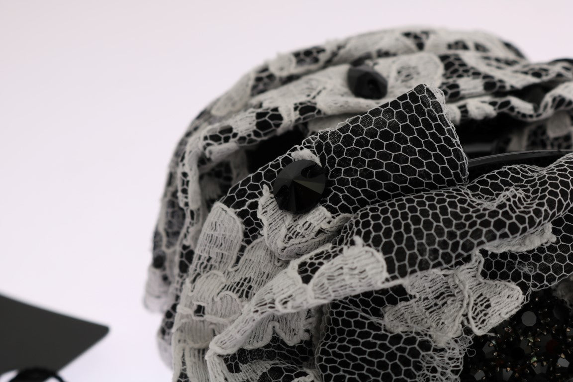 Dolce & Gabbana Black White Floral Lace Crystal Hair Women's Claw