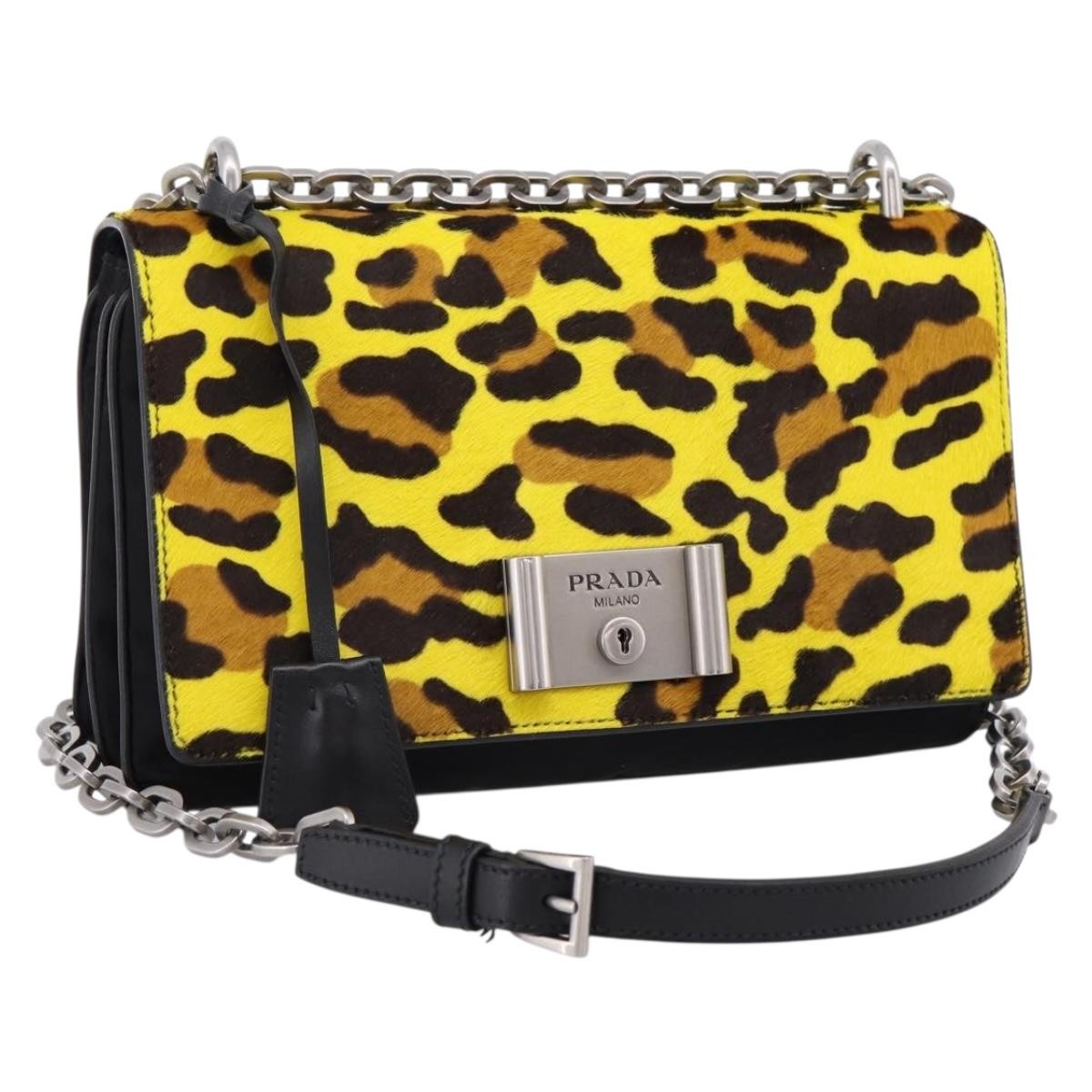 Prada Chain Flap Leather With Pony Hair Yellow Leather Shoulder Bag Bag (Pre-Owned)