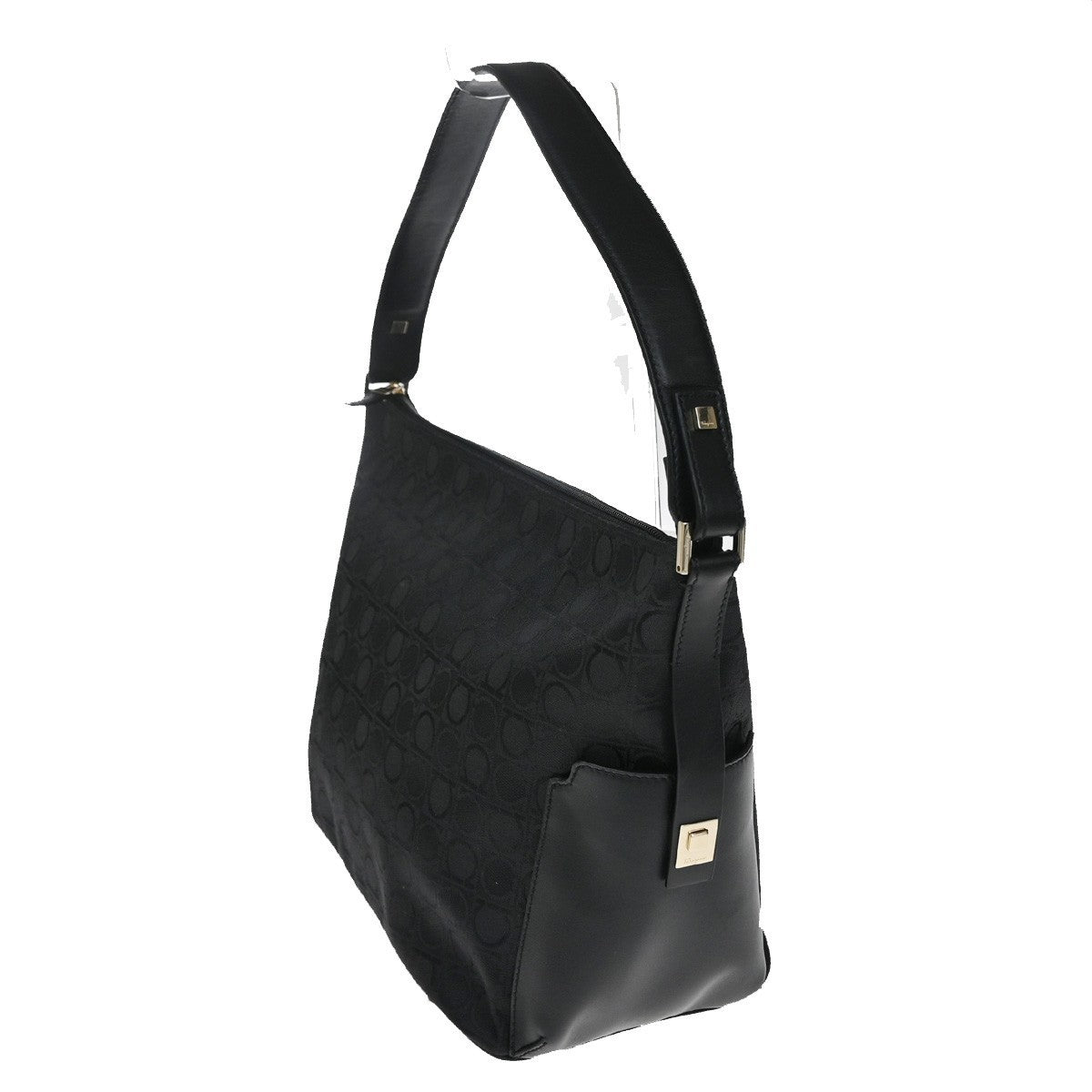 Salvatore Ferragamo Gancini Zip Leather Black Canvas Shoulder Bag Bag (Pre-Owned)