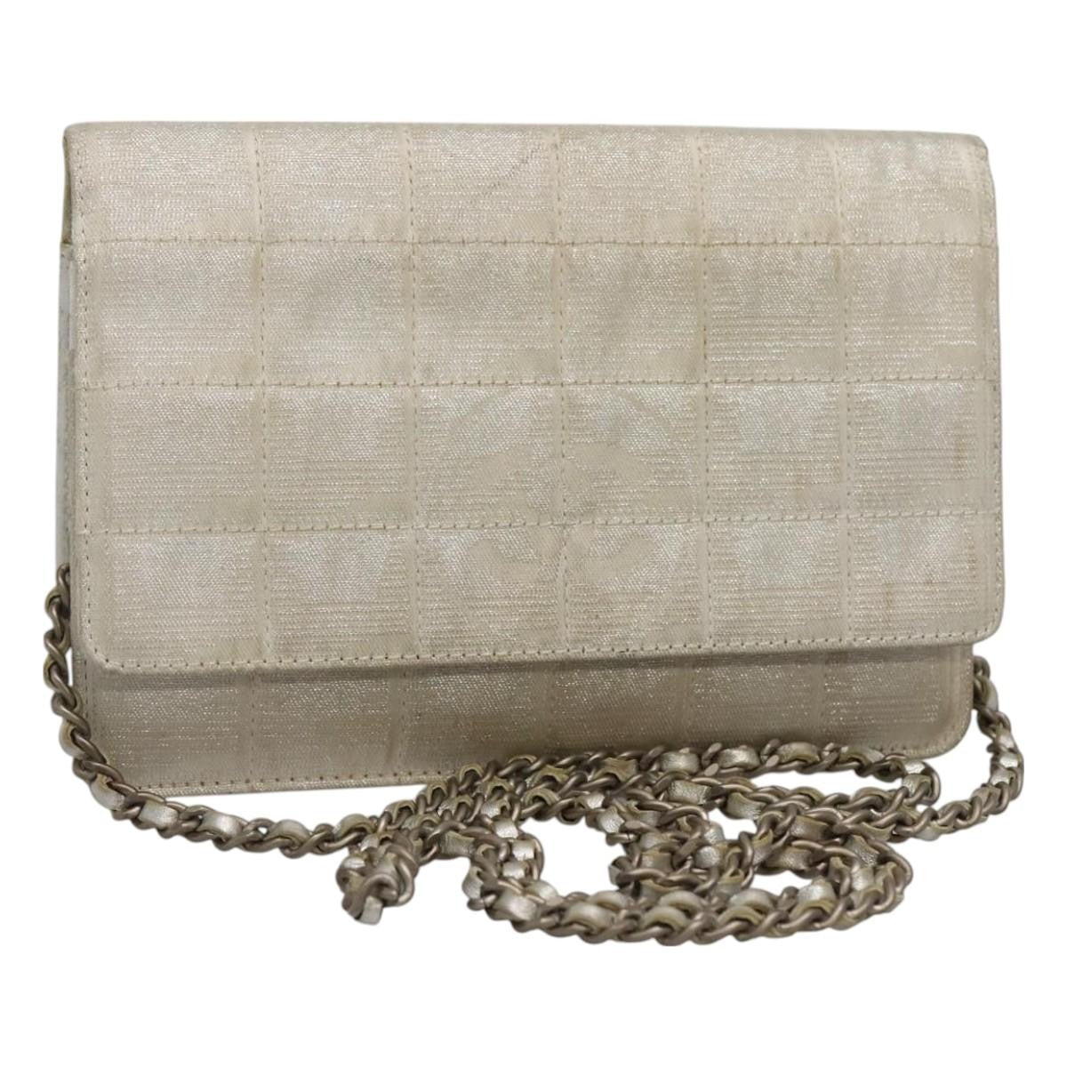 Chanel Travel Line Wallet On Chain Quilted Nylon Silver Nylon Bag (Pre-Owned)