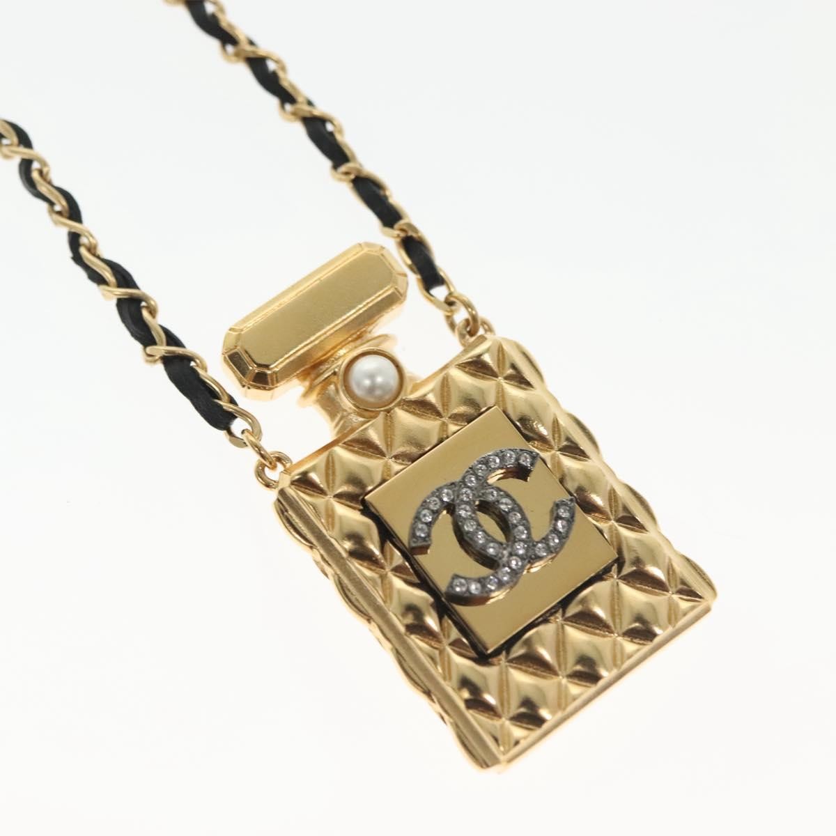 Chanel Cc Perfume Bottle Pendant Chain Long Metal With Leather, Crystals And Faux Pearl Gold Metal Necklace Jewelry (Pre-Owned)