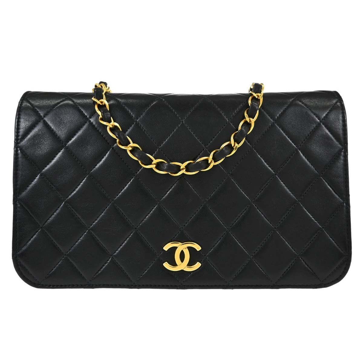 Chanel Vintage Full Flap Quilted Lambskin Black Leather Shoulder Bag Bag (Pre-Owned)