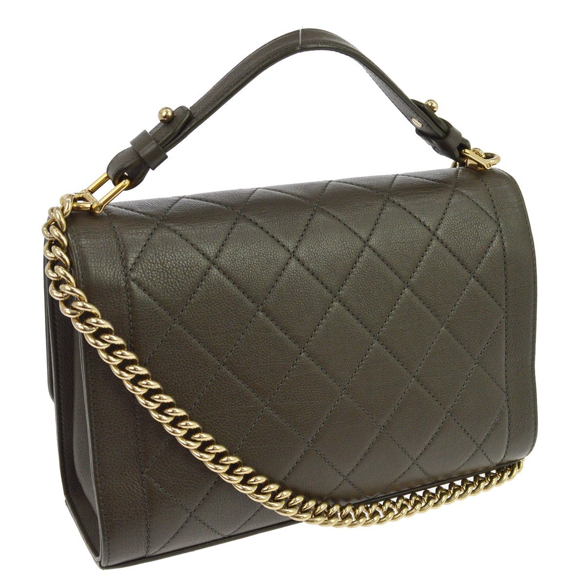 Chanel Label Click Flap Quilted Calfskin Green Leather Handbag (Pre-Owned)