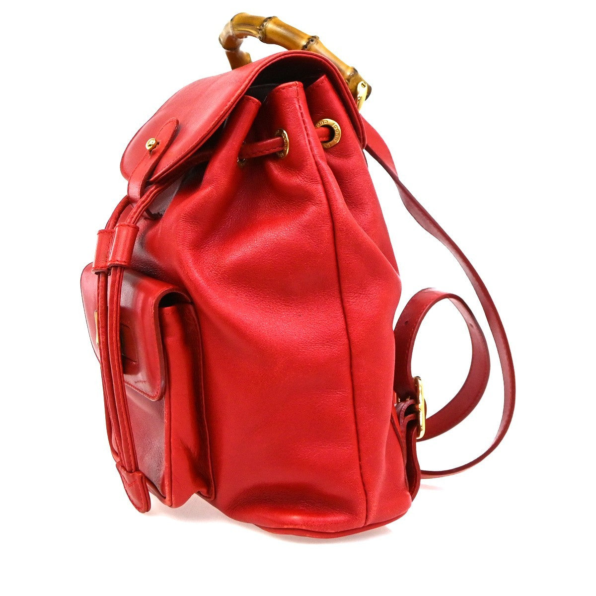 Gucci Vintage Bamboo Leather Red Leather Backpack Bag (Pre-Owned)