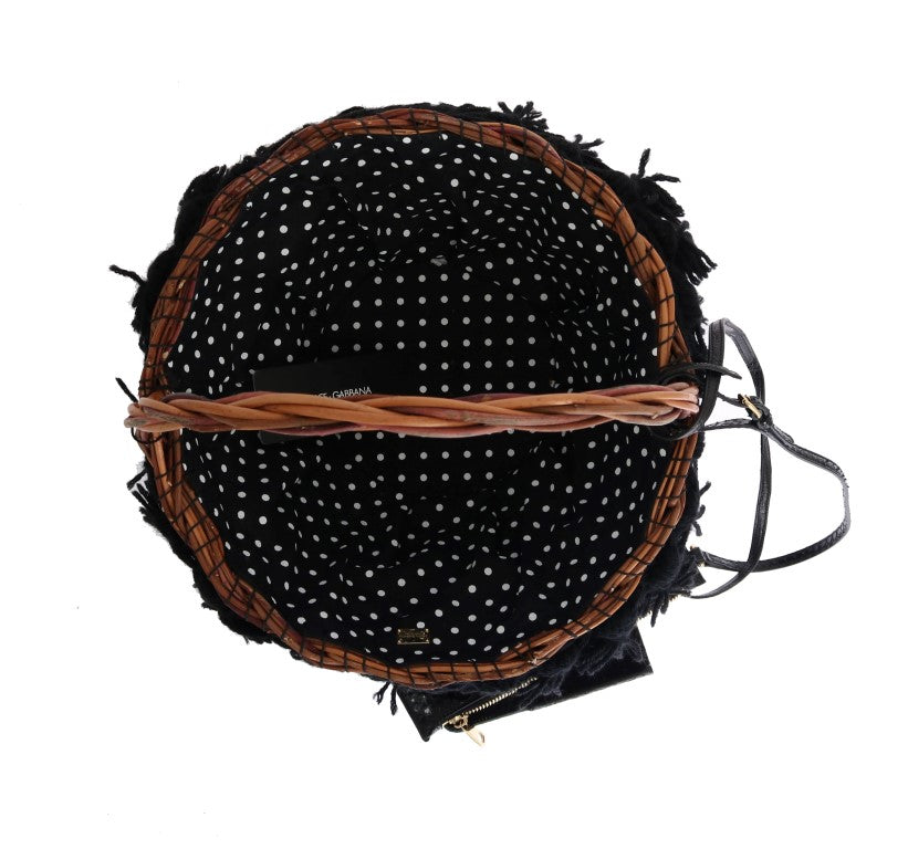 Dolce & Gabbana Beige Straw Snakeskin Pom Pom Crystal AGNESE Women's Bag