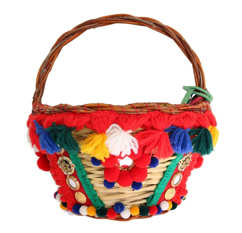 Dolce & Gabbana Multicolor AGNESE Straw Crystal Pom Pom Women's Bag