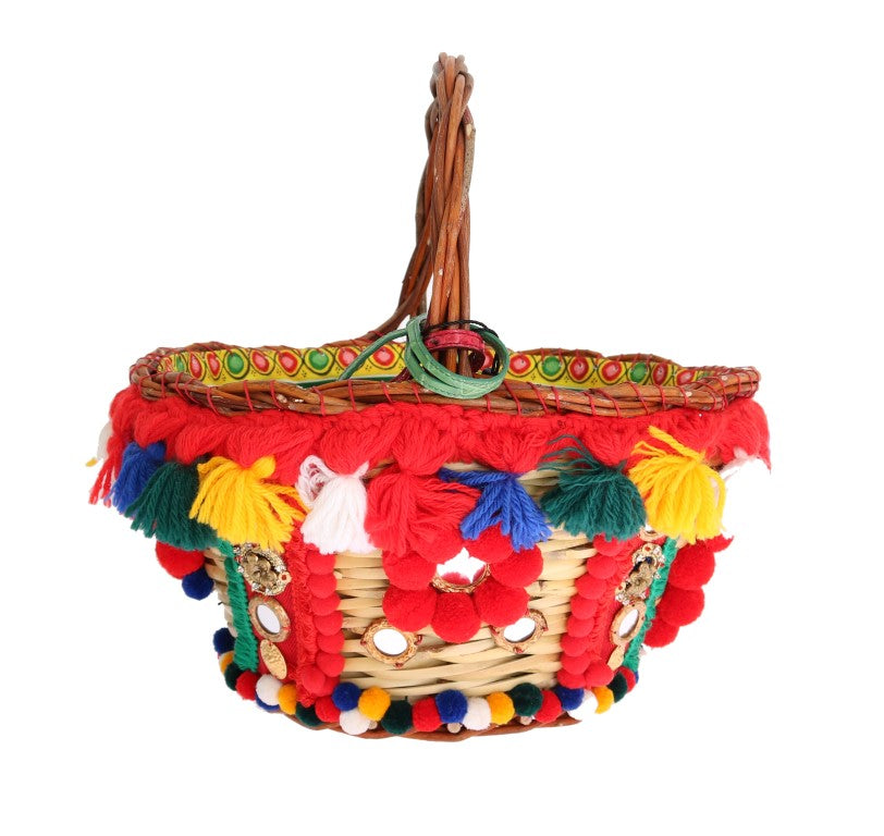 Dolce & Gabbana Multicolor AGNESE Straw Crystal Pom Pom Women's Bag