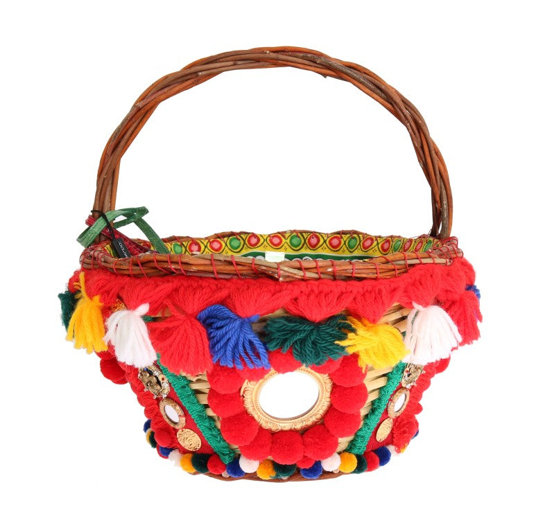 Dolce & Gabbana Multicolor AGNESE Straw Crystal Pom Pom Women's Bag