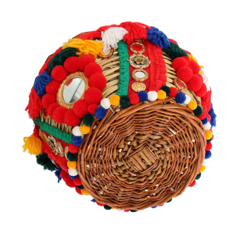 Dolce & Gabbana Multicolor AGNESE Straw Crystal Pom Pom Women's Bag