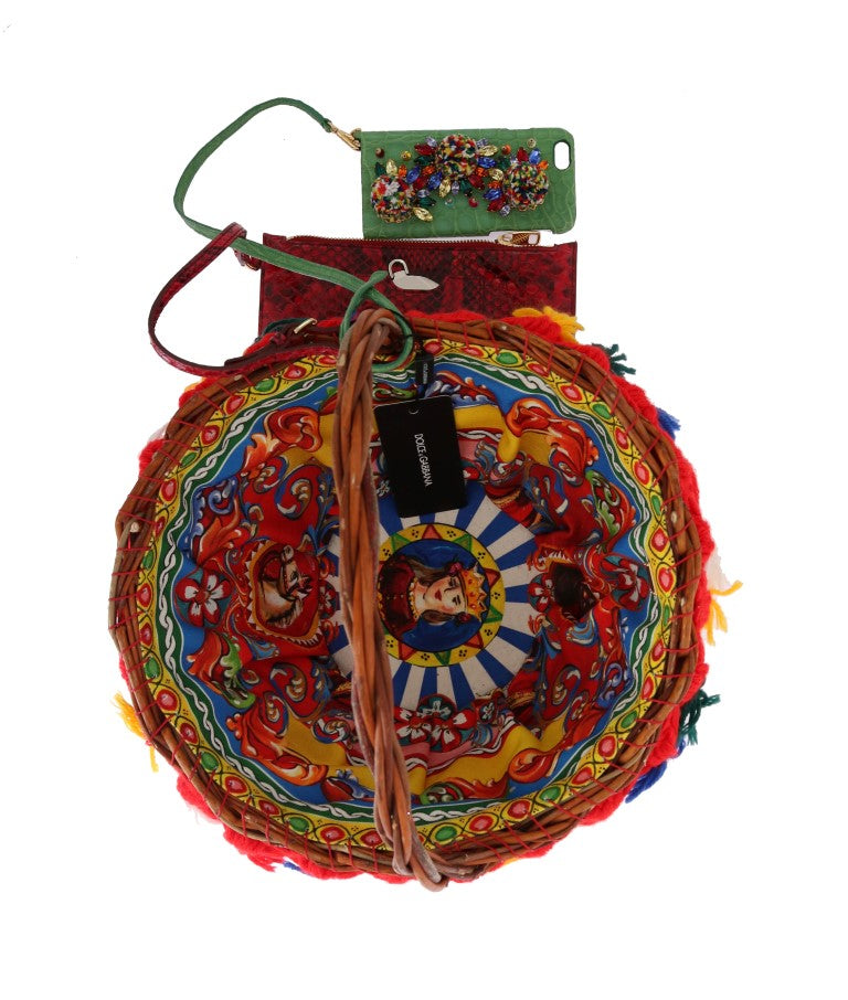 Dolce & Gabbana Multicolor AGNESE Straw Crystal Pom Pom Women's Bag