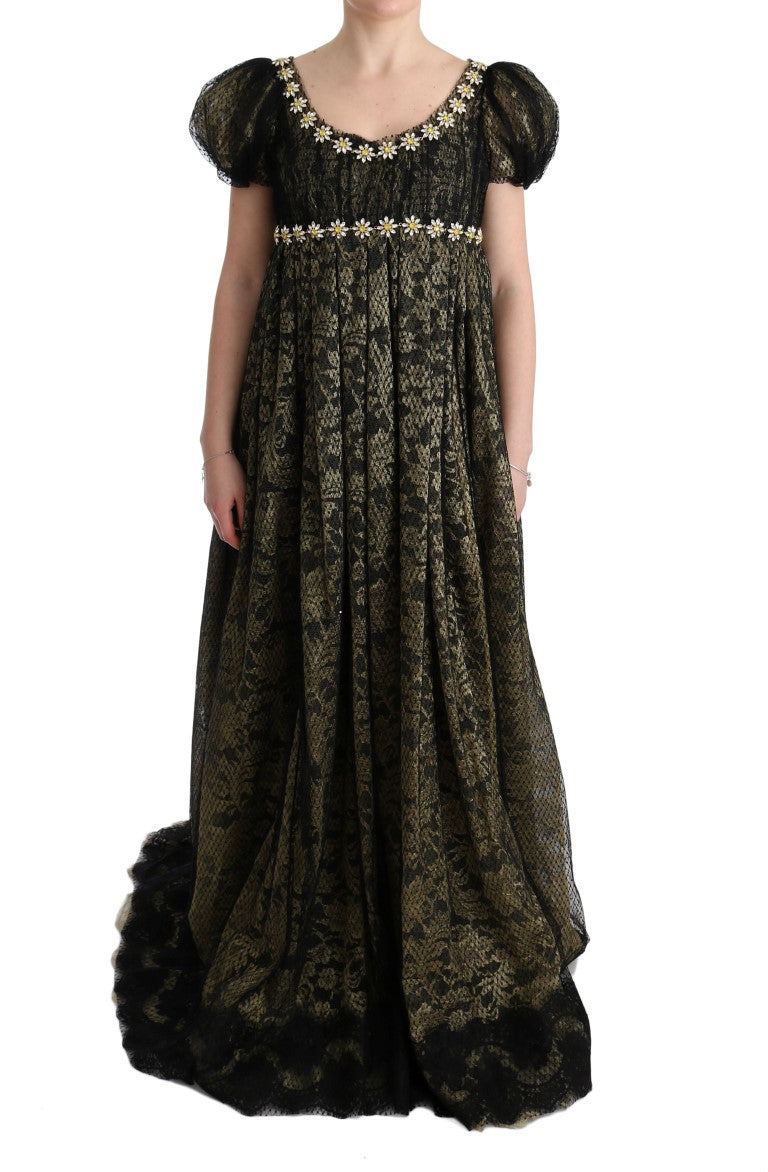 Dolce & Gabbana Black Yellow Crystal Lace Shift Women's Dress
