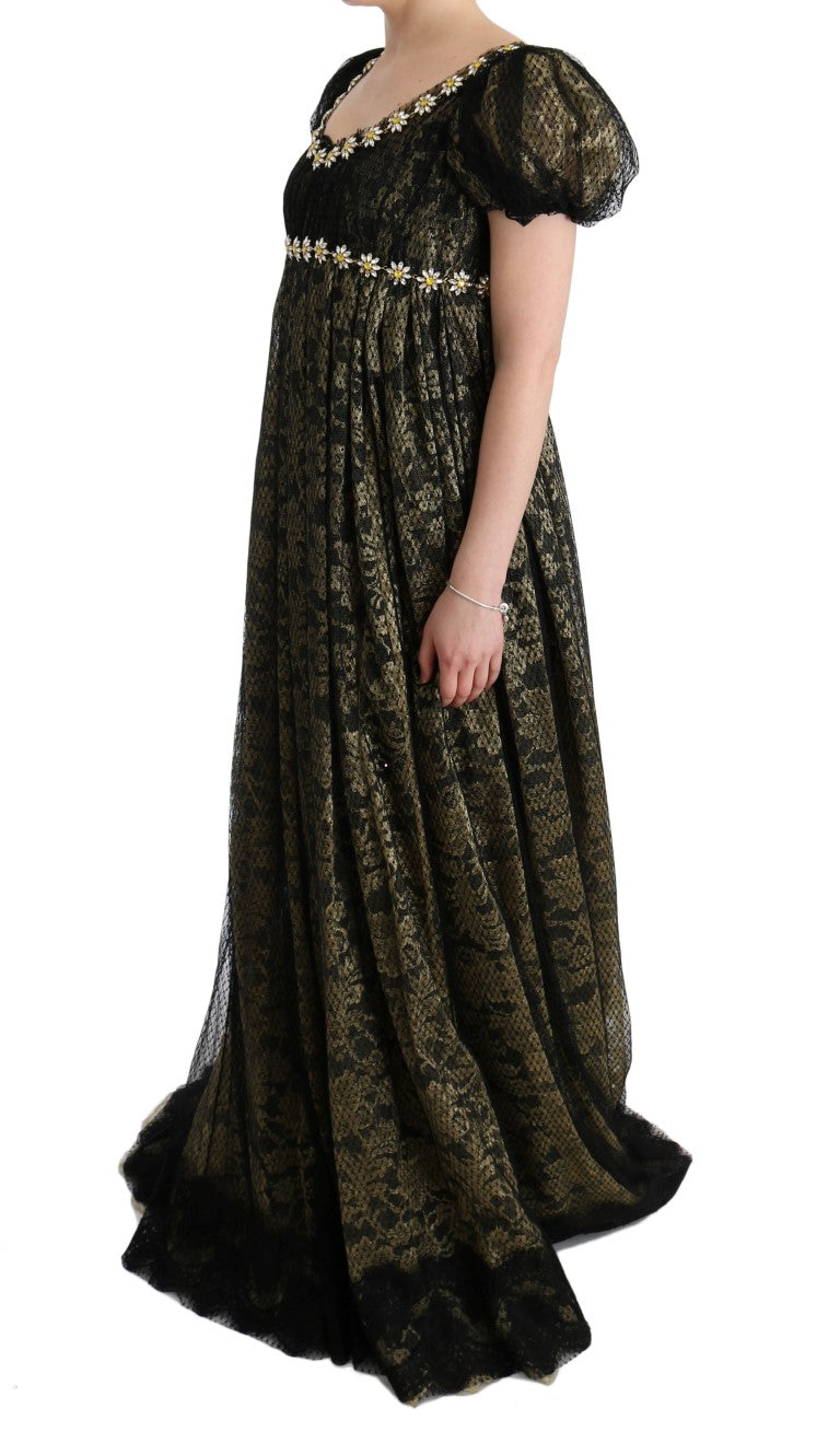 Dolce & Gabbana Black Yellow Crystal Lace Shift Women's Dress