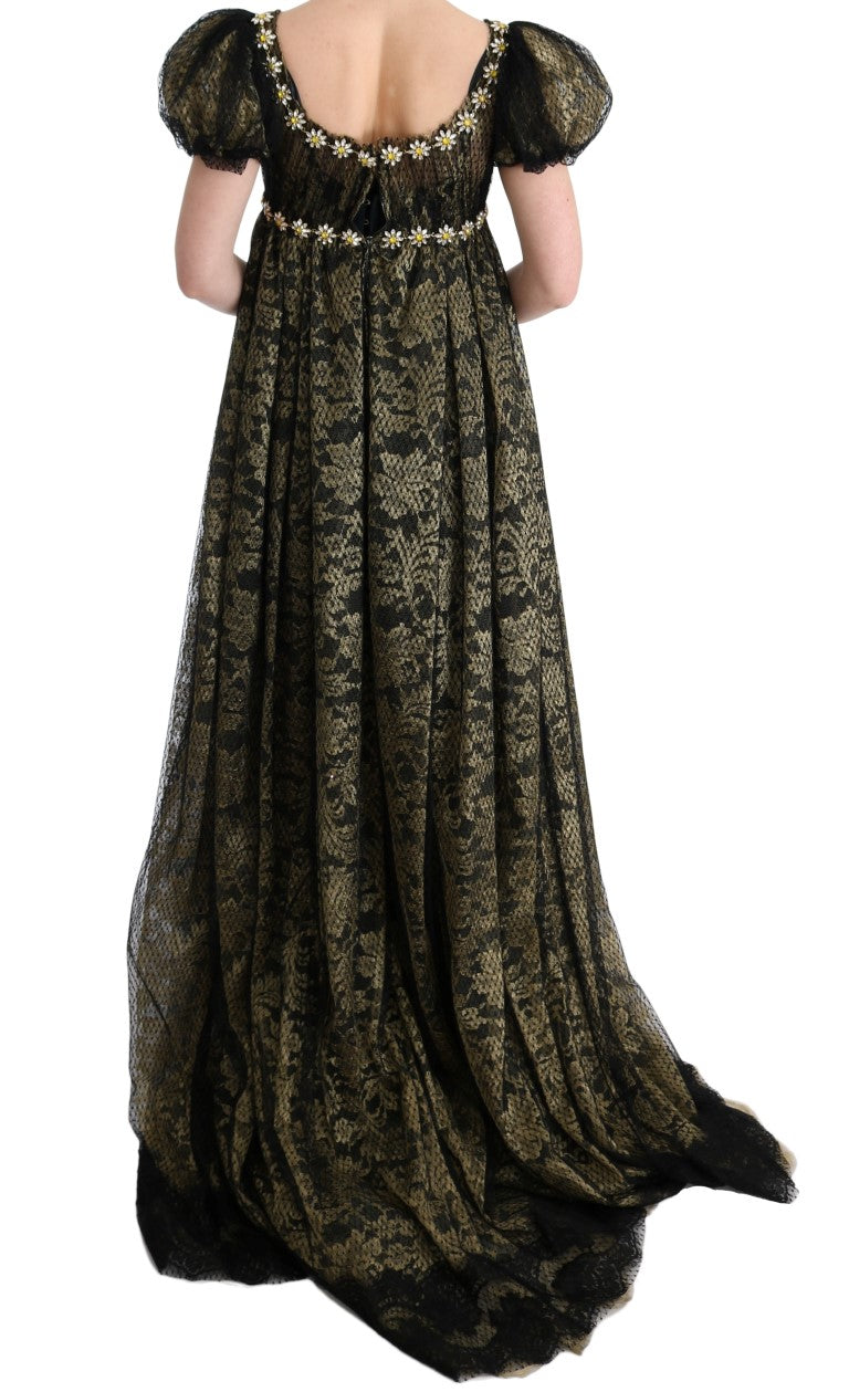 Dolce & Gabbana Black Yellow Crystal Lace Shift Women's Dress