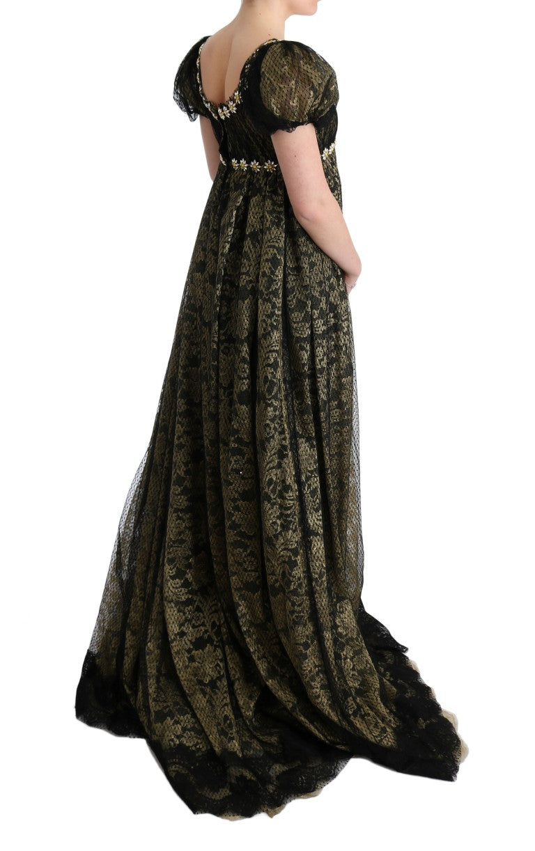 Dolce & Gabbana Black Yellow Crystal Lace Shift Women's Dress