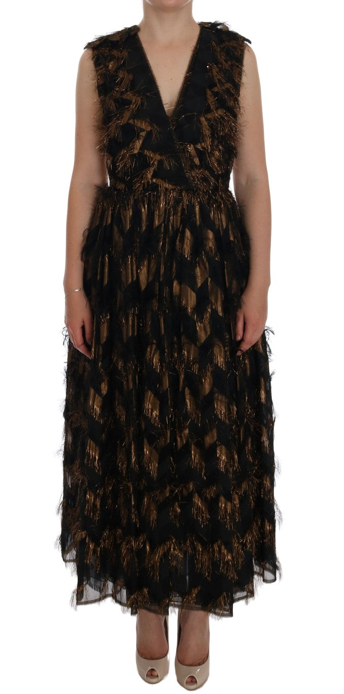 Dolce & Gabbana Black Silk Brown Fringes A-Line Women's Dress