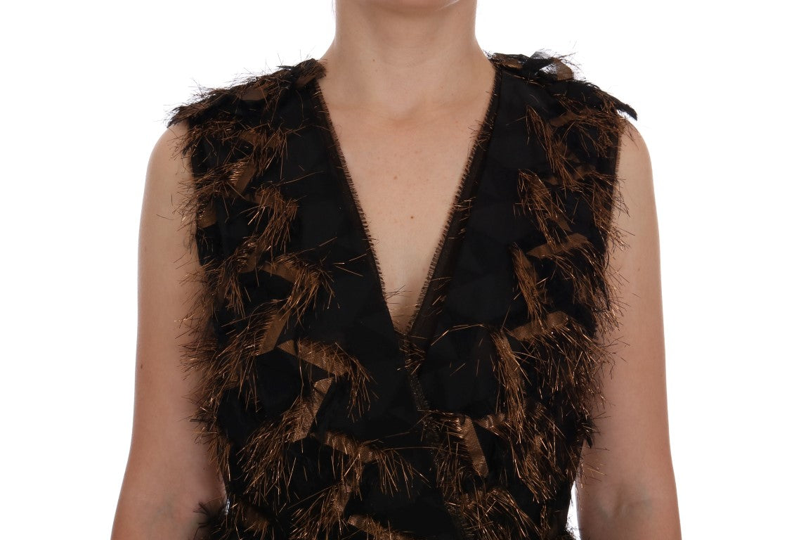 Dolce & Gabbana Black Silk Brown Fringes A-Line Women's Dress