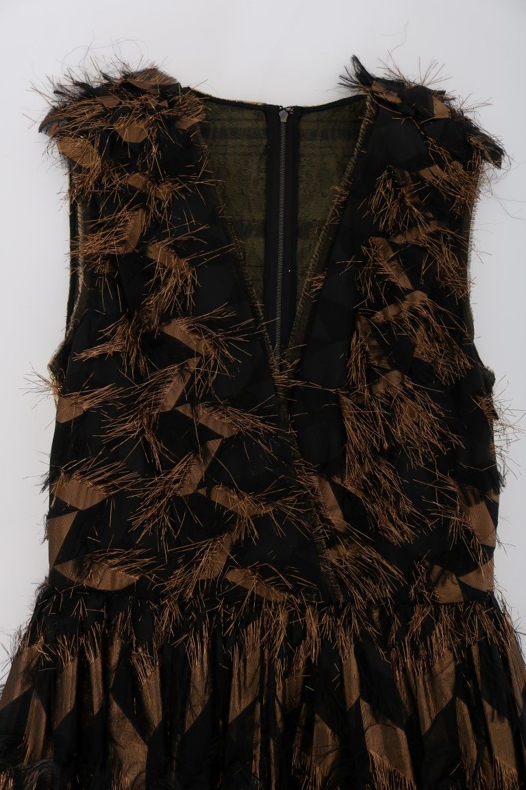 Dolce & Gabbana Black Silk Brown Fringes A-Line Women's Dress