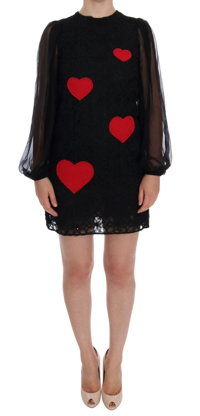 Dolce & Gabbana Black Lace Red Heart Shift Women's Dress