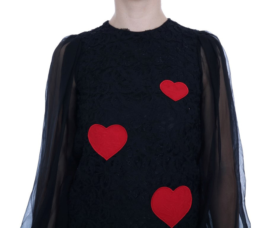 Dolce & Gabbana Black Lace Red Heart Shift Women's Dress