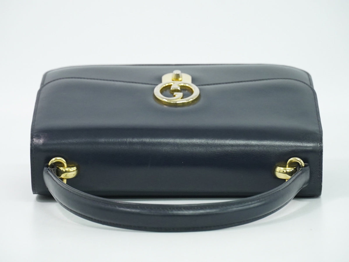 Gucci Vintage Top Handle Flap Leather With Chain Detail Navy Leather Handbag (Pre-Owned)