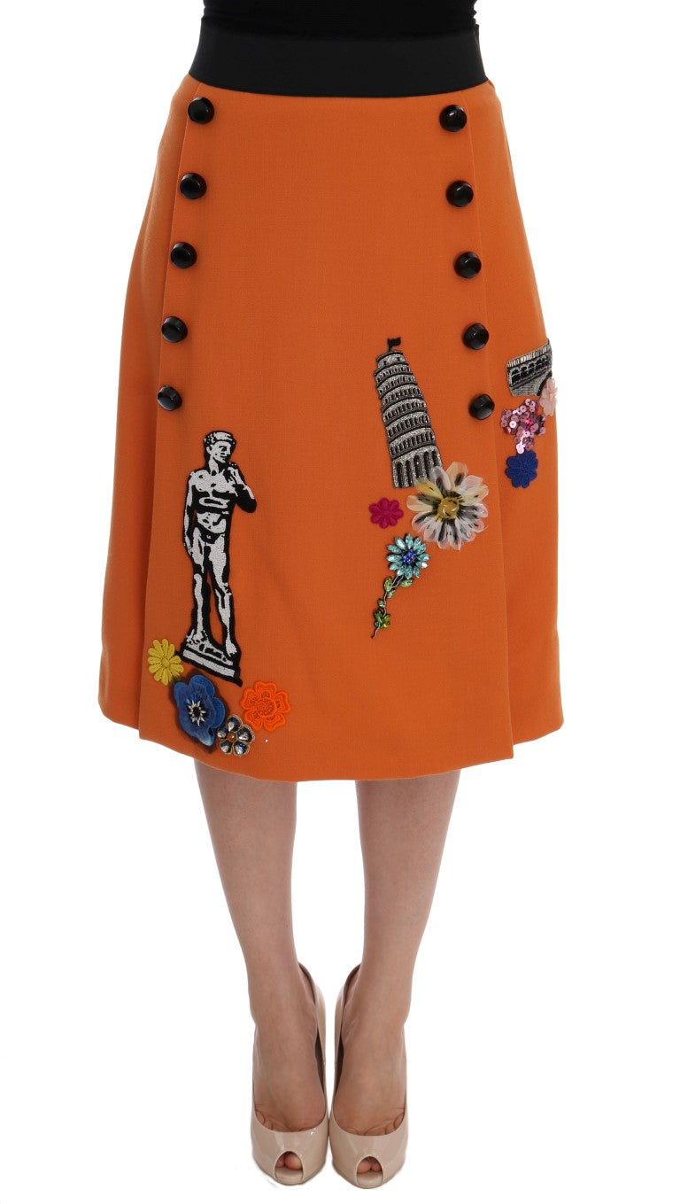Dolce & Gabbana Orange Wool Crystal Sequin Appliques Women's Skirt
