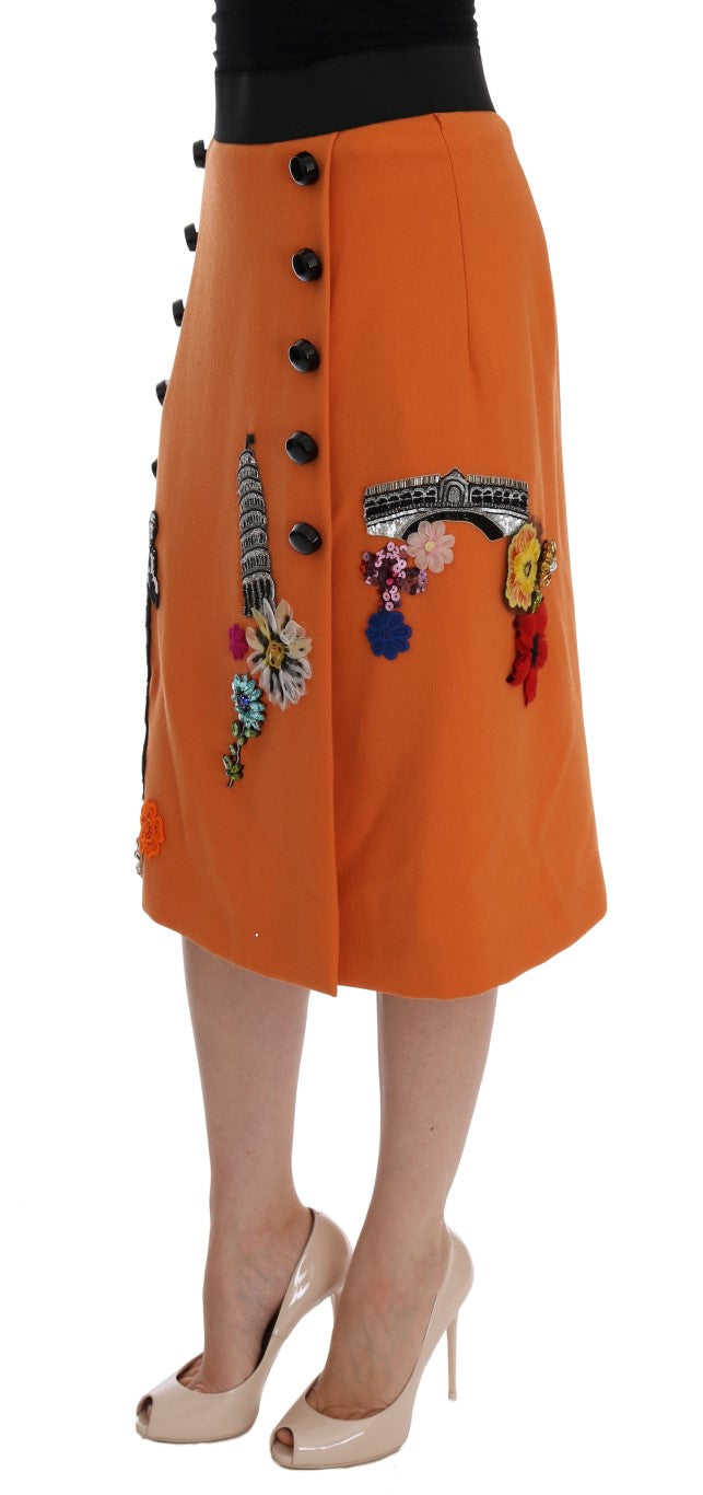 Dolce & Gabbana Orange Wool Crystal Sequin Appliques Women's Skirt
