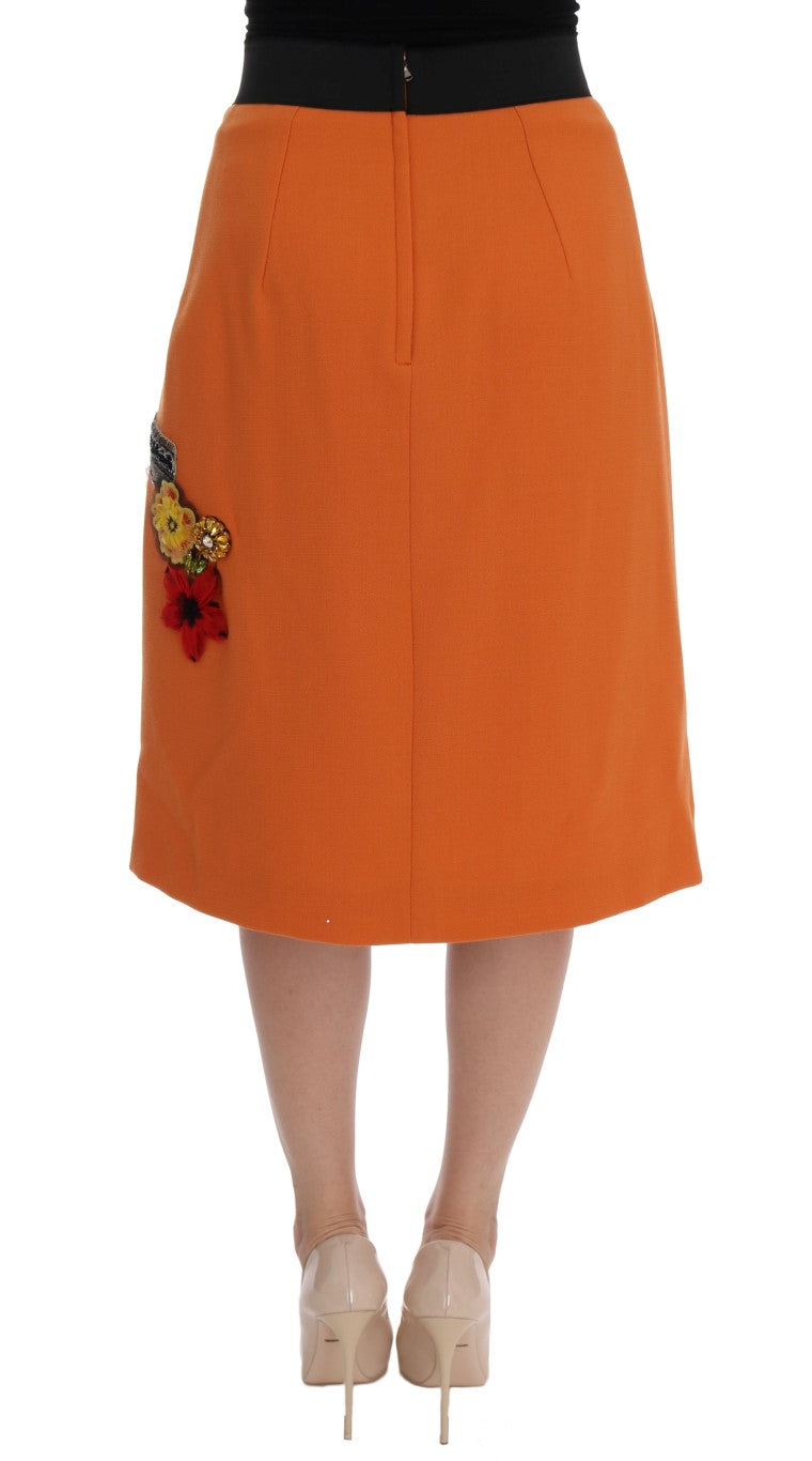 Dolce & Gabbana Orange Wool Crystal Sequin Appliques Women's Skirt