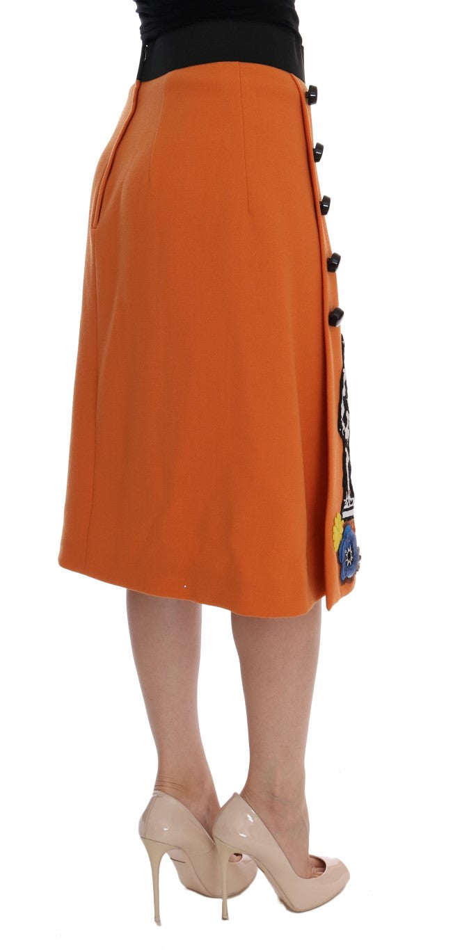 Dolce & Gabbana Orange Wool Crystal Sequin Appliques Women's Skirt