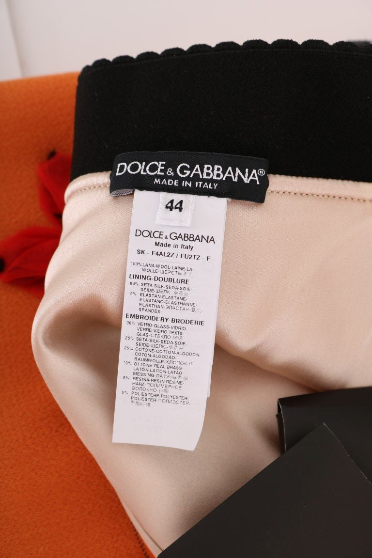 Dolce & Gabbana Orange Wool Crystal Sequin Appliques Women's Skirt