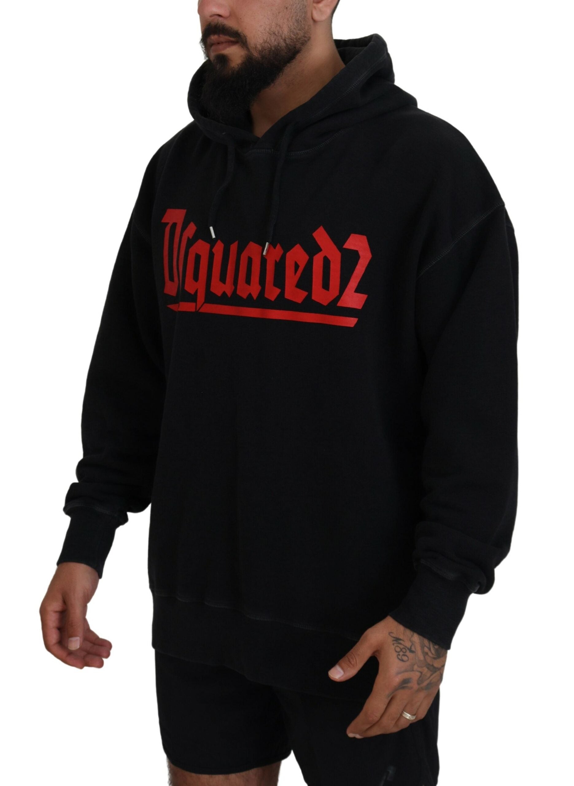 Dsquared² Black Cotton Hooded Printed Men Pullover Men's Sweater (Pre-Owned)