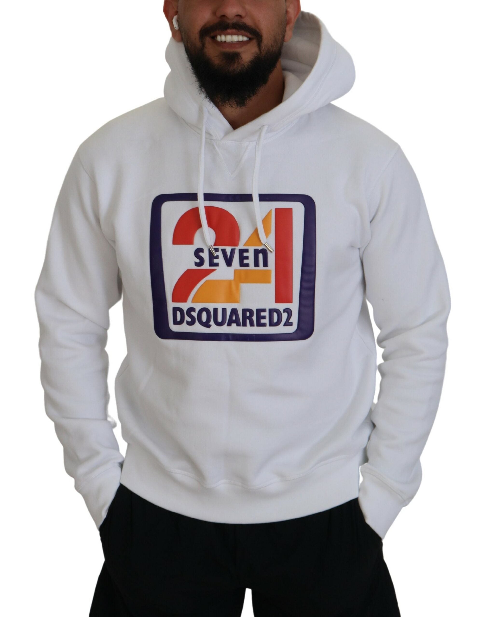 Dsquared² White Cotton Hooded Printed Men Pullover Men's Sweater (Pre-Owned)